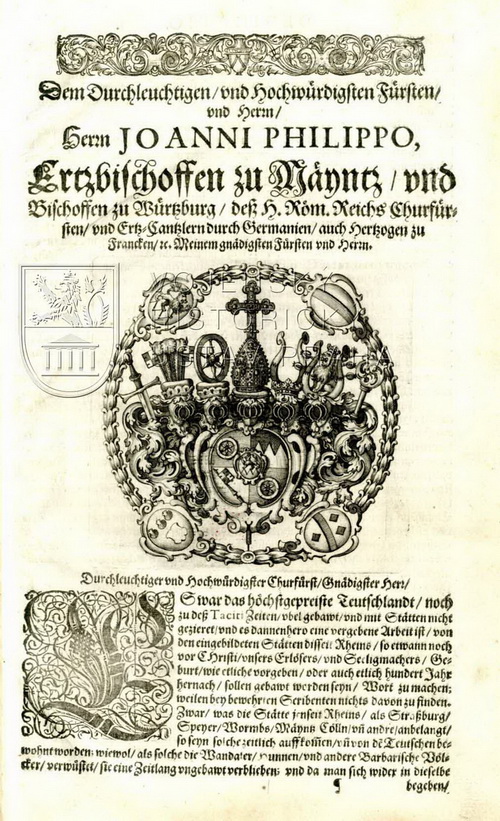 Dedikace Johannu Philippovi von Schönborn (1605–1673), arcibiskupovi míšeňskému.