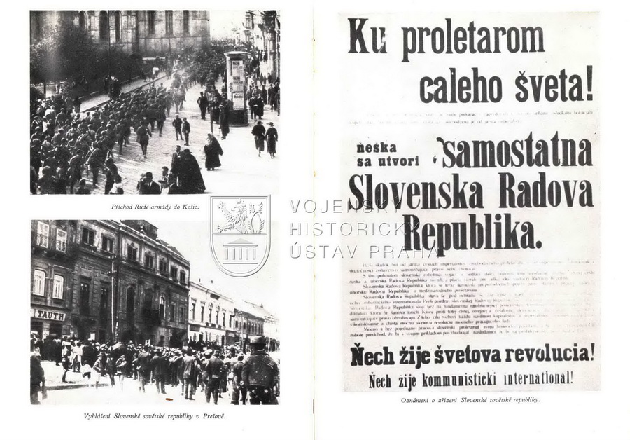 Dobová fotografie Rudé armády v Košicích, fotografie a tisk z vyhlášení Slovenské republiky rad.