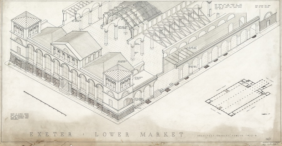 Nákres exeterské tržnice od architekta Charlese Fowlera, který také navrhl známou Covent Garden v Londýně. Tržnice byla postavena v letech 1835 až 1836. Po požáru způsobeným zápalnou pumou v květnu 1942 z ní zůstaly jen obvodobé zdi; v roce 1960 byly i ty strženy.
FOTO: © Historic England
