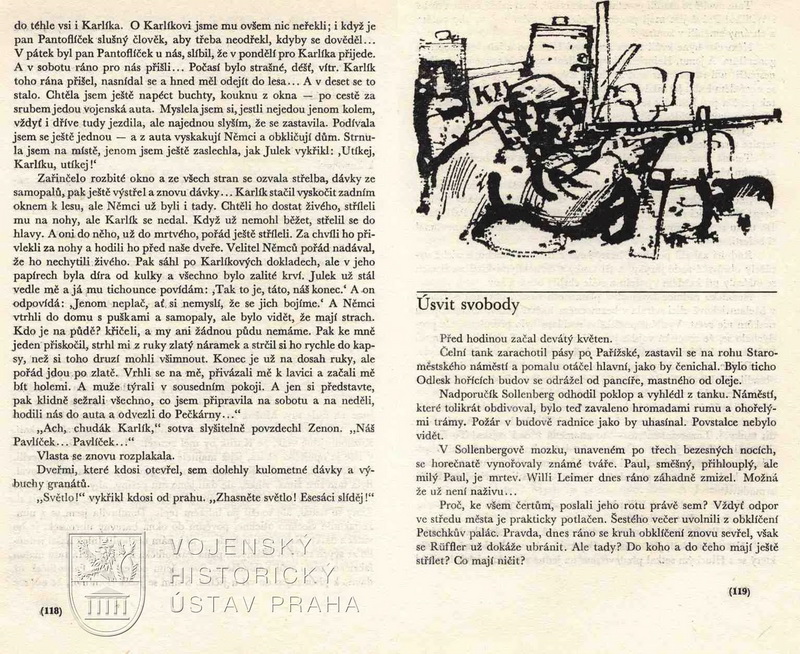 Ukázka textu s perokresbou s motivy bojů na pražských barikádách.