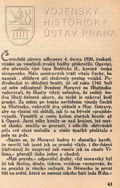 Začátek textu Po okraji Hlučínska r. 1920 s popisem obsazení regionu čs. vojskem.