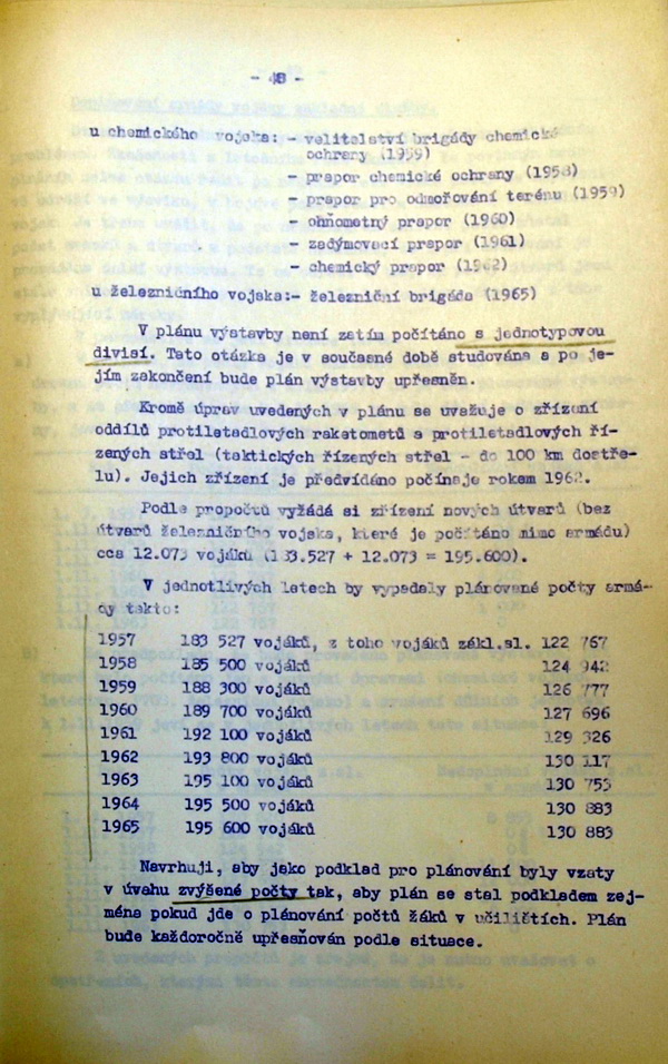 Návrh plánovaných mírových počtů ČSLA v letech 1957 – 1965. (VÚA-VHA)