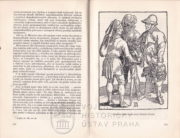 Ukázka textu a reprodukce Dürerovy rytiny ozbrojených sedláků.