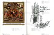 Titulní list a frontispis s barevným vyobrazením polepšeného městského erbu Brna, který byl jednou z odměn císaře Ferdinanda III. za úspěšnou obranu moravské metropole.