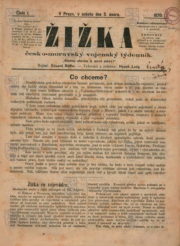 Titulní strana prvního čísla prvního ročníku týdeníku Žižka s podpisem mjr. Ferdinanda Čenského, z jehož pozůstalosti toto periodikum pochází.