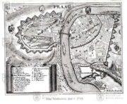 Příloha s reprodukcí Bodenehrova plánu Prahy (kolem 1710).