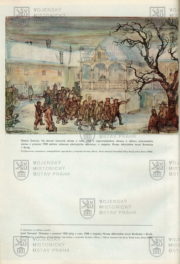 Barevná skica zobrazující ozbrojené dělníky obsazující Oslavanský zámek.