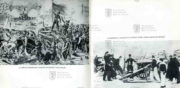 Ukázka z obrazové přílohy, vlevo litografie barikády u mostu De Neuilly, vpravo fotografie barikády u Maillotovy brány.