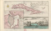 Mapa Kuby s detailním plánem a vedutou Havany obsazené Brity a následujícího roku mírovou smlouvou opět navrácené Španělsku.