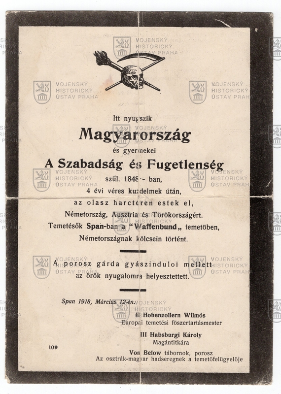 Ironické smuteční oznámení o konci maďarské svobody, 1918