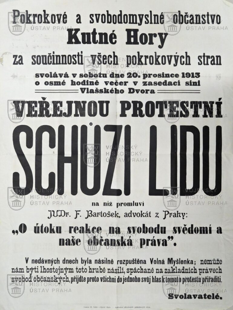 Plakát na veřejnou protestní schůzi lidu, 1913