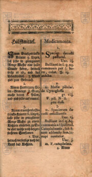 Tabulka medikamentů; SWIETEN, Gerard van. Kurze Beschreibung und Heilungsart der Krankheiten welche am öftesten in dem Feldlager beobachtet werden