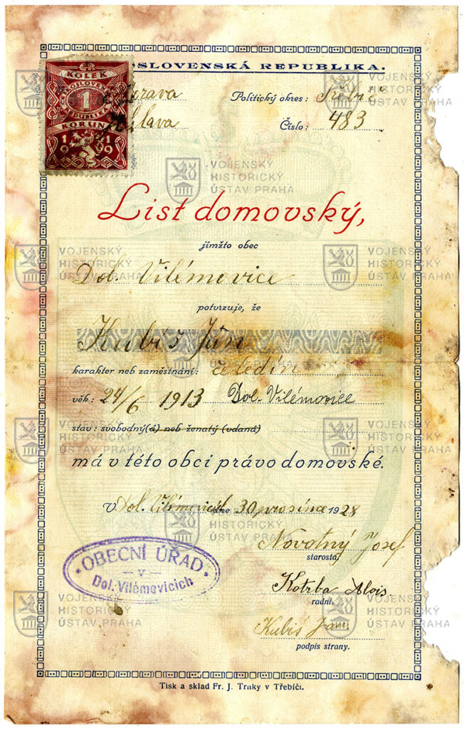 Domovský list Jana Kubiše, 1928
