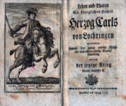 Titulní list a frontispis s mědirytinou jezdeckého portrétu Karla Alexandra vévody Lotrinského. Leben und Thaten Sr. königlichen Hoheit Herzog Carls von Lothringen