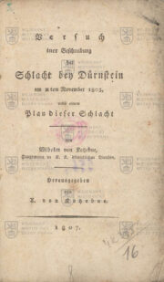 Titulní list publikace. KOTZEBUE, Wilhelm von. Versuch einer Beschreibung der Schlacht bey Dürnstein am 11ten November 1805