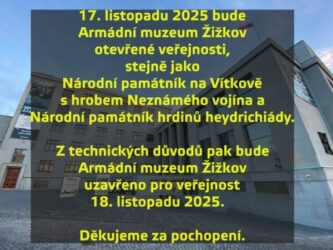 Změny v otevírací době Armádního muzea Žižkov - listopad