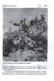 Ukázka textu a reprodukce litografie zobrazující Koścziuszkovo zranění v bitvě u Maciejowic. SZYNDLER, Bartłomiej. Tadeusz Kościuszko 1746–1817