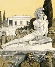 Karikaturisté v rakousko-uherských časopisech záchranu srbského vojska většinou nejapně bagatelizovali. Kresba nazvaná Achillův nářek na Korfu staví dohodové spojence do role kulturních barbarů, když dopustili, aby se symbol řecké krásy a čistoty ocitl v obležení páchnoucích chlapů, a když jeho palác proměnili v odvšivovací stanici.